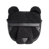 ORIBAGU ベア型ミニポーチ（ブラック）。モコモコしたシープボアとレザー調素材でクマの造形をデザインした正面図。
